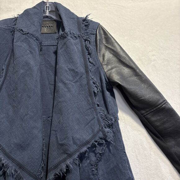BlankNYC Drape Front Mixed Media Denim Vegan Leather Fringe Jacket Size Medium - Picture 4 of 15